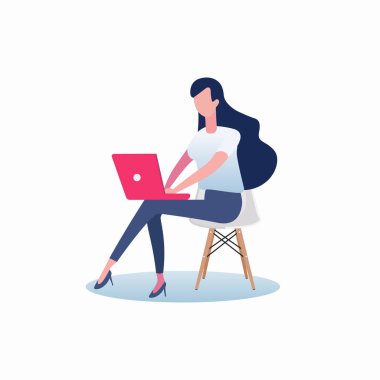 Sandalyede oturan ve dizüstü bilgisayarı üzerinde çalışan mutlu kadın. Çalışma, öğrenim, eğitim ve evden çalışma kavramları.