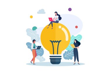 Büyük ampul fikri olan insanlar. Yaratıcı fikir konsepti. Vektör illüstrasyonu