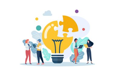 Büyük ampul yapbozu olan insanlar. Yaratıcı fikir konsepti. Vektör illüstrasyonu