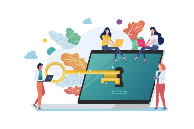 Altın anahtarı olan insanlar dizüstü bilgisayarın kilidini açmaya çalışır. Fidye amaçlı virüs bilgisayarı. Vektör illüstrasyonu