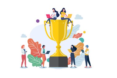 Büyük şampiyon kupası olan insanlar. İş başarısı konsepti. Vektör illüstrasyonu