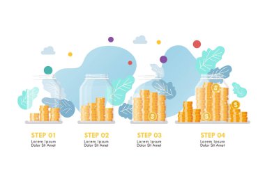 Cam kavanozlardaki Step parasının bilgileri. İş konsepti. Vektör illüstrasyonu