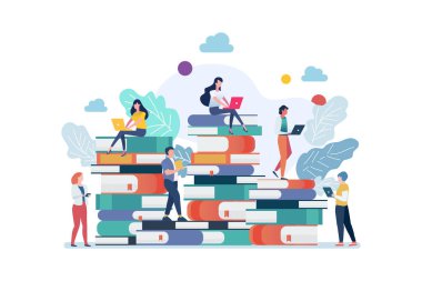 Bir sürü kitabın üzerinde duran insanlar. Bilgi veya Eğitim konsepti vektör çizimi