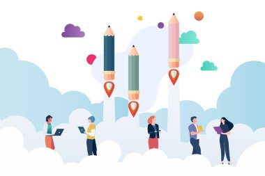 Kalem roketleri fırlatılan insanlar. Eğitim konsepti. Vektör illüstrasyonu