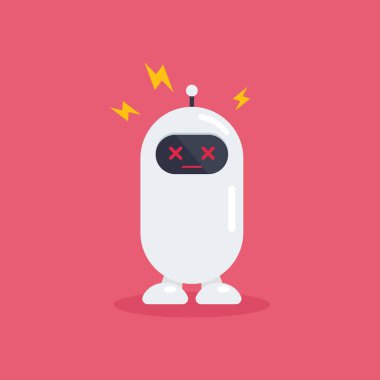 Kıvılcımlı kırık mini robot. Cyborg Teknoloji ve Geleceğin İstihbarat Makinesi. Vektör illüstrasyonu