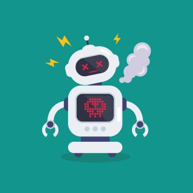 Kıvılcımlı bozuk bir robot. Cyborg Teknoloji ve Geleceğin İstihbarat Makinesi. Vektör illüstrasyonu