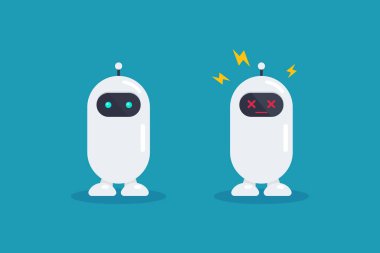 Kıvılcımla bozulan bir robot kazası seti. Cyborg Teknoloji ve Geleceğin İstihbarat Makinesi. Vektör illüstrasyonu