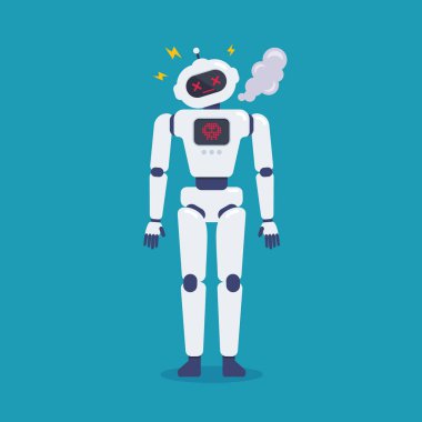 Kıvılcımlı, kırılmış bir hata robotu. Cyborg Teknoloji ve Geleceğin İstihbarat Makinesi. Vektör illüstrasyonu