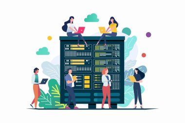 Teknisyen büyük bir sunucu odasında çalışıyor. veri depolama. Bulut deposu. bilgisayar teknolojisi düz illüstrasyon.