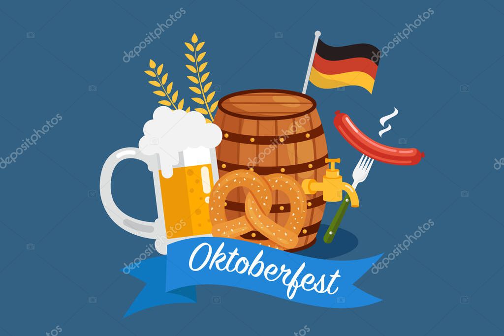 Happy Oktoberfest Party Festival with Beer, Sausage, Gingerbread and German Flag. Flat Cartoon Hand Drawn Templates. Vector Illustration