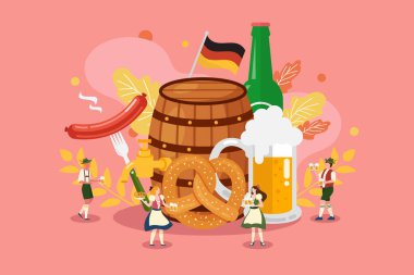 Oktoberfest Minik İnsanlarla Kutlama Partisi. Çizgi film Düz Vektör İllüstrasyonu