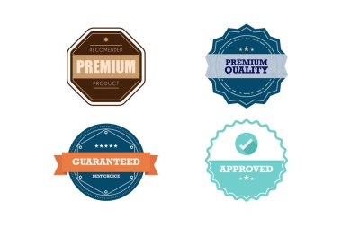 Kaliteli Rozetler ve Etiketler Tasarım Elementleri. Düz biçim vektör illüstrasyonu