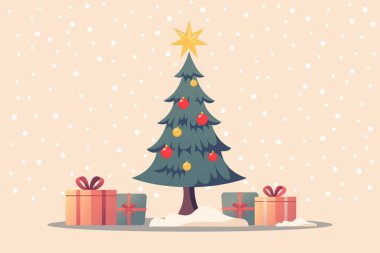 Hediye kutuları ve Noel ağacı çizimleri. Vektör illüstrasyonu