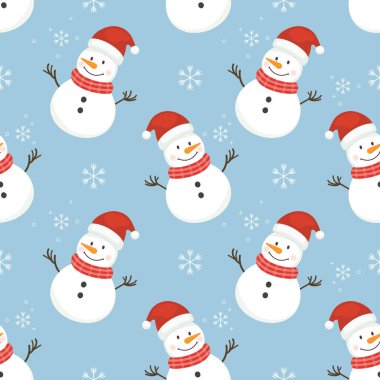 Sevimli kardan adamın kusursuz deseni. Kardan adamla kusursuz bir Noel deseni. Vektör illüstrasyonu