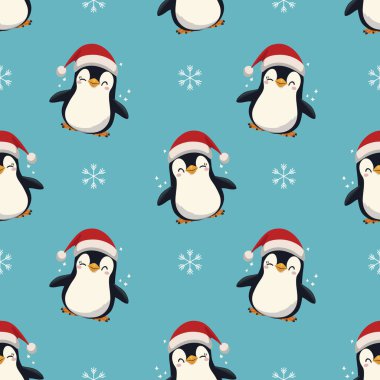 Sevimli Santa Penguen 'in kusursuz deseni. Penguenle kusursuz bir Noel deseni. Vektör illüstrasyonu