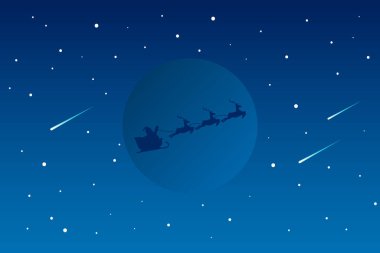 Noel Baba ve ren geyiği ay ve yıldızlara karşı gölgede kızak sürüyorlar. Vektör illüstrasyonu