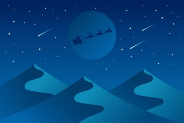 Noel Baba ve ren geyiği, dağların manzaralı Ay 'a karşı gölgede kızak sürüyorlar. Vektör illüstrasyonu