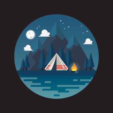 Gece logosu manzaralı bir kamp çadırı. Vektör illüstrasyonu