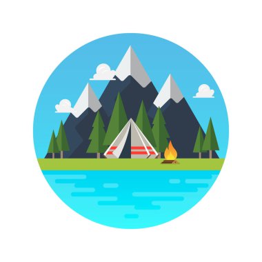 Manzara logolu kamp çadırı. Vektör illüstrasyonu