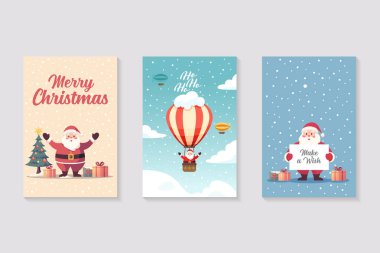 Kış mevsiminde Noel kartpostal koleksiyonu. Mutlu Noeller tebrik kartı. Vektör illüstrasyonu