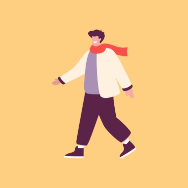 Sıcak kış kıyafetleri giymiş bir adam genelde yürür. Erkekler için rahat kışlık kıyafetler kavramı. Düz çizgi film vektör çizimi.