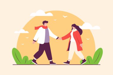 Sunset 'te romantik bir çift el ele tutuşuyor. Sevgililer Günü Tatili. Vektör illüstrasyonu