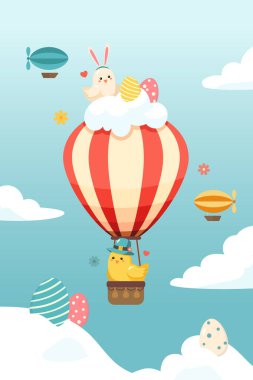 Bebek piliçler ve Paskalya Günü için Sıcak Hava Balonu. Paskalya tasarımı için şölen posteri. Vektör illüstrasyonu.
