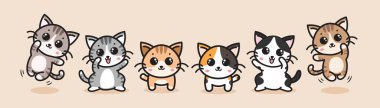 Şirin kedi çizgi film seti çizimi. Anime çizgi film karakteri. Vektör illüstrasyonu