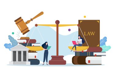 Minyatür insanlarla hukuk ve adalet sınıfı. Adalet terazisi, tokmak ve kitap. Vektör illüstrasyonu