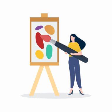 Kadın sanatçı tuval üzerinde renkli, soyut modern sanat resmi yapıyor. Vektör illüstrasyonu