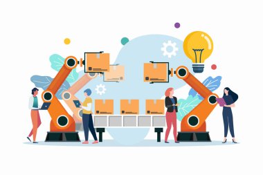 Otomasyon robot kol makinesi olan insanlar. obotik endüstrisi otomotiv ve elektronik kavrayışları. akıllı fabrika endüstrisi.