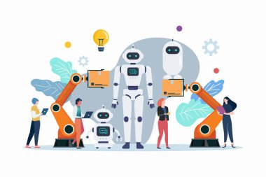 Otomasyon robotu olan insanlar. Robot endüstrisi otomotiv ve elektronik kavrayışları. akıllı fabrika endüstrisi.