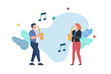 Erkek ve kadın saksafonda caz müziği çalıyorlar. jazz veya klasik müzik enstrümanı