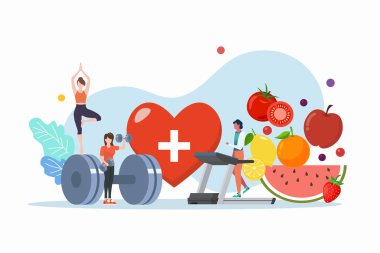 Minyatür insanlarla sağlık ve egzersiz sahnesi. Besin kaybı diyeti. Sağlık yaşam tarzı