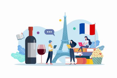 Minyatür insanlarla Fransızca dersi. Eğitim vektörü illüstrasyonu.