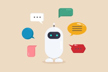 Sorulara sohbet robotu yapay zekasıyla cevap ver. Cyborg Teknolojisi. Vektör İllüstrasyonu.