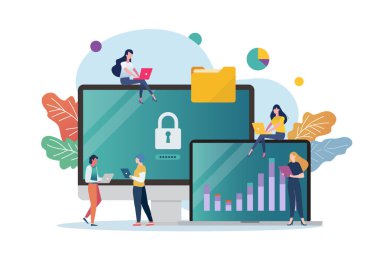 Küçük insanlarla bilgisayar dersi sahnesi. Teknoloji eğitimi kavramı.