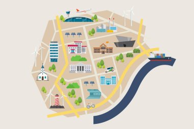 Yol ve Sokak Infographic Tasarım Şablonu ile Eco City Haritası. Vektör illüstrasyonu