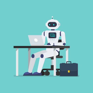 Robot ofis masasında bir dizüstü bilgisayar üzerinde çalışıyor. Vektör illüstrasyonu