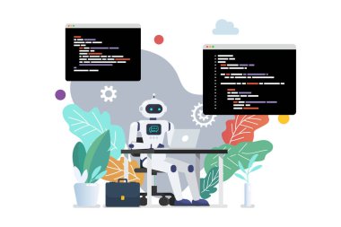Android programcısı dizüstü bilgisayara kod yazıyor. Vektör illüstrasyonu