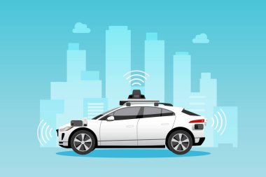 Otomobil sensörlü, özerk, sürücüsüz akıllı araba. Vektör illüstrasyonu