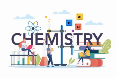 Kimya sahnesinde kimya elementleri. Minyatür insanlarla kimya sahnesi. Eğitim vektörü illüstrasyonu.