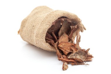 Dry Arjuna Barks 'ın (terminalia arjuna) yakın çekimi, beyaz arkaplan üzerine döşeme jute çanta dökülür.