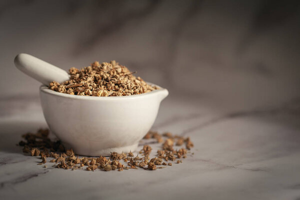 Closeup of Dry gokhuru (Tribulus terrestris) fruits, in white ceramic mortar and pestle. Front view on marble background.