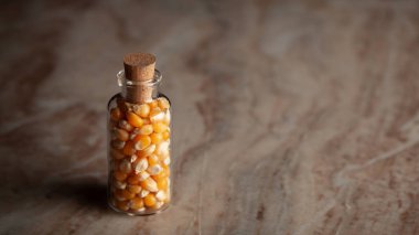 Organik mısır tohumları (Zea mays) ya da Makka ile dolu küçük bir cam şişe mermer zemin üzerine yerleştirilir..