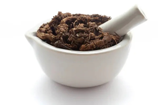 stock image Close-up of Dry organic Sugandha Bala (Pavonia Odorata) roots, in white ceramic mortar and pestle, isolated on a white background.