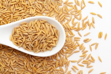 Bran (Oryza sativa) ya da beyaz seramik çorba kaşığı üzerinde Dhaan olan organik pirinçli Macro yakın çekim. Üst görünüm, kendi değişken arkaplanı üzerinde.