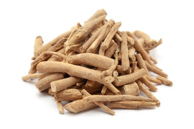 Close-up of Dry Organic Ashwagandha (Withania somnifera) roots, isolated on a white background. Front view clipart