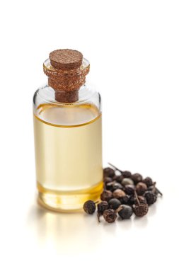 Kuru organik Sheetal Chini (Piper Cubeba) tohumları ve temel yağı. Beyaz bir arkaplanda izole edilmiş.