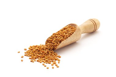 Organik FenuGreek tohumlarıyla (Trigonella foenum-graecum) dolu ahşap bir kepçenin ön görüntüsü. Beyaz bir arkaplanda izole edilmiş.